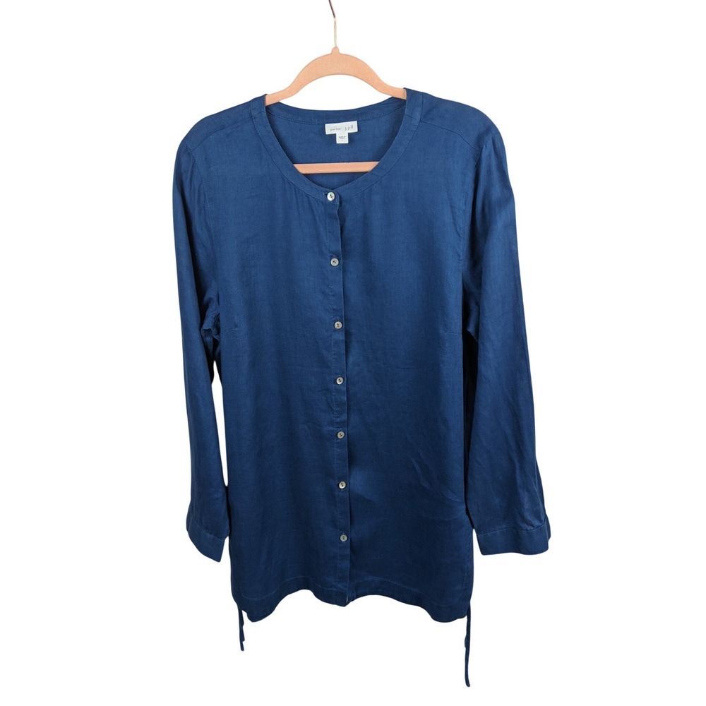 J. Jill Love Linen Tunic Blouse Blue 100% Linen Long Sleeve Side Tie Womens L